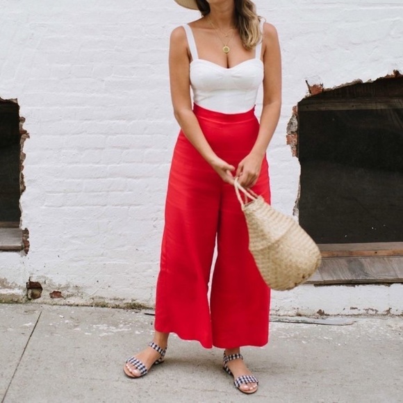 [SOLD] Red Linen & Cotton Fold over Waist Wide Leg Palazzo Pants size XS - Picture 3 of 12